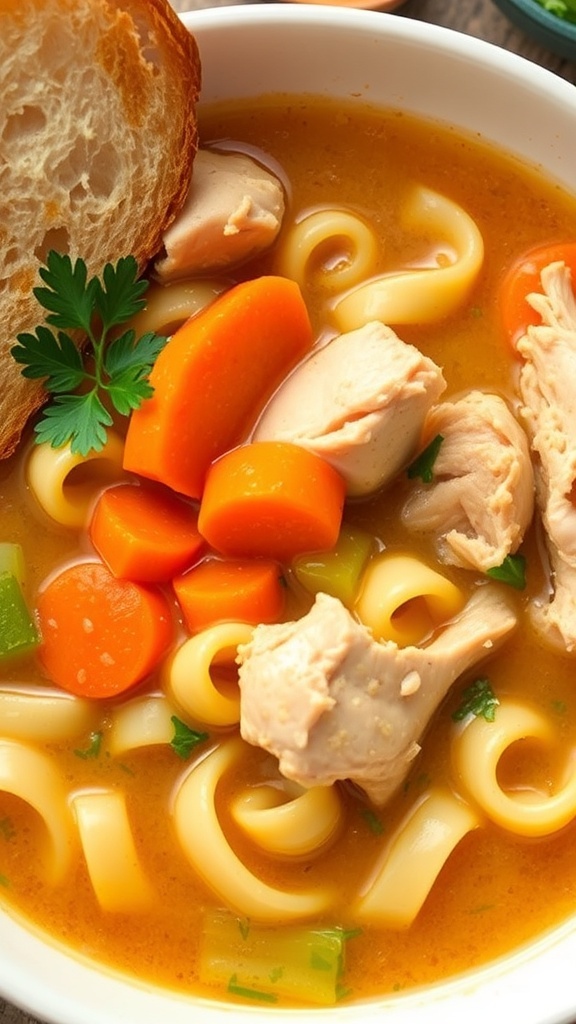 A comforting bowl of chicken noodle soup with chicken, noodles, carrots, and celery, garnished with parsley, on a rustic table.